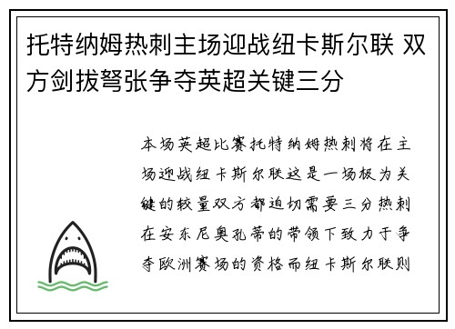 托特纳姆热刺主场迎战纽卡斯尔联 双方剑拔弩张争夺英超关键三分